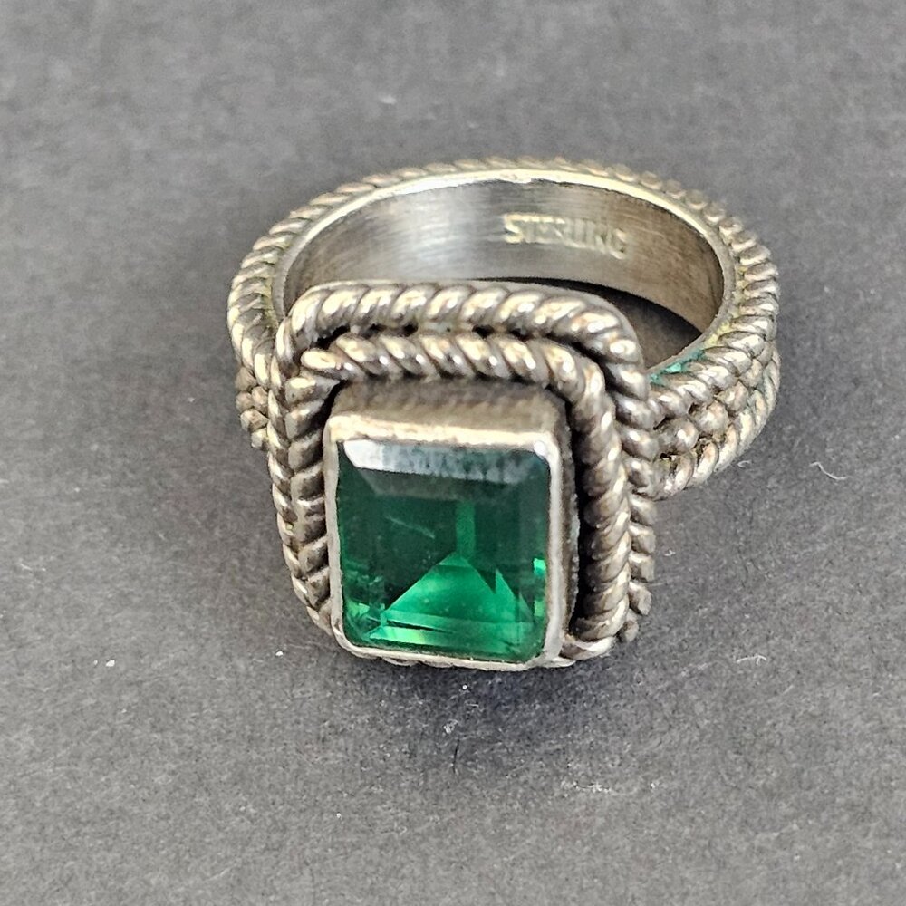 Vtg Sterling Silver Green Quartz Ring Size 7 Square Textured Rope Band Chunky - Picture 2 of 16